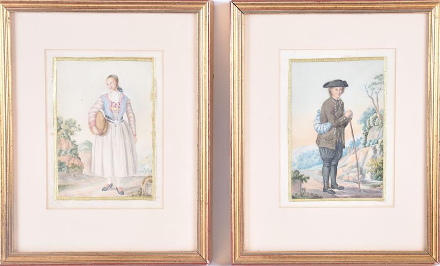 A pair of 19th century watercolour portraits of a Swiss male and female walking along a country