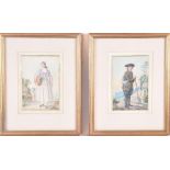 A pair of 19th century watercolour portraits of a Swiss male and female walking along a country