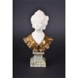 An alabaster and bronze bust of girl on a marble base, in three pieces, signed Verona to bronze,
