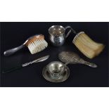 A selection of small silver items  to include two mounted brushes together with a small Eastern