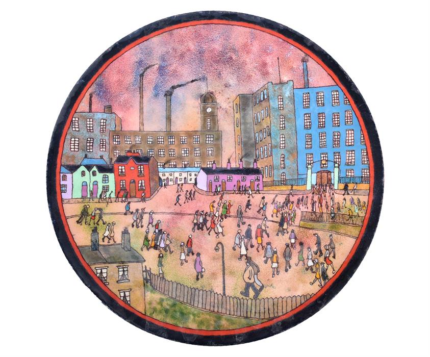Richard Casey. British A 20th Century decorative enamelled beaten copper charger. 'Mill Scene, early