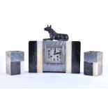 A French Art Deco marble clock garniture the clock with square dial and silvered dial, crested
