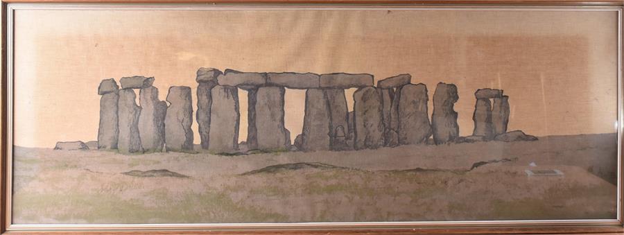 A large batique of Stonehenge signed Shelagh, framed and glazed, 52 x 150 cm.  CONDITION REPORT Wear - Image 2 of 3