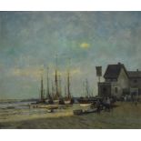 Continental school, a harbour scene of ships resting on still water, oil on canvas, unsigned, within