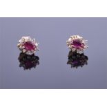 A pair of 9ct yellow gold, diamond, and ruby flowerhead cluster ear studs each centred with an