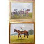 A 20th Century study of horses and jockeys at the start-line. Oil on board. Indistinctly signed. Set