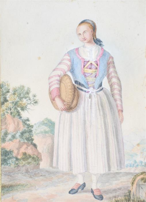 A pair of 19th century watercolour portraits of a Swiss male and female walking along a country - Image 2 of 5