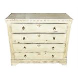 A 19th century French painted pine chest of four long drawers with brass ring handles, and supported