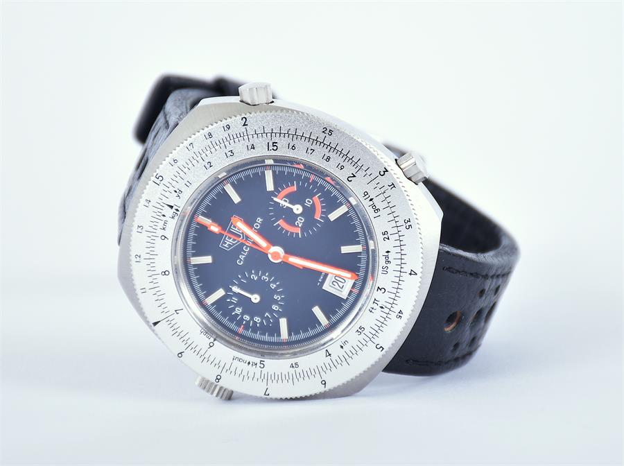 A rare 1970s Heuer Calculator automatic chronograph wristwatch the signed blue dial with baton - Image 2 of 4