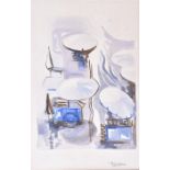 An abstract poolside scene viewed from above, watercolour, signed and dated 'P Rosenfeldt 1984',