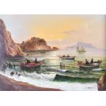 Fishing boats on a rocky shoreline 20th century, oil on canvas, indistinctly signed to lower