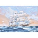 A 20th watercolour of a three-mast galleon on turbulent waves below a dramatic sky. Signed bottom