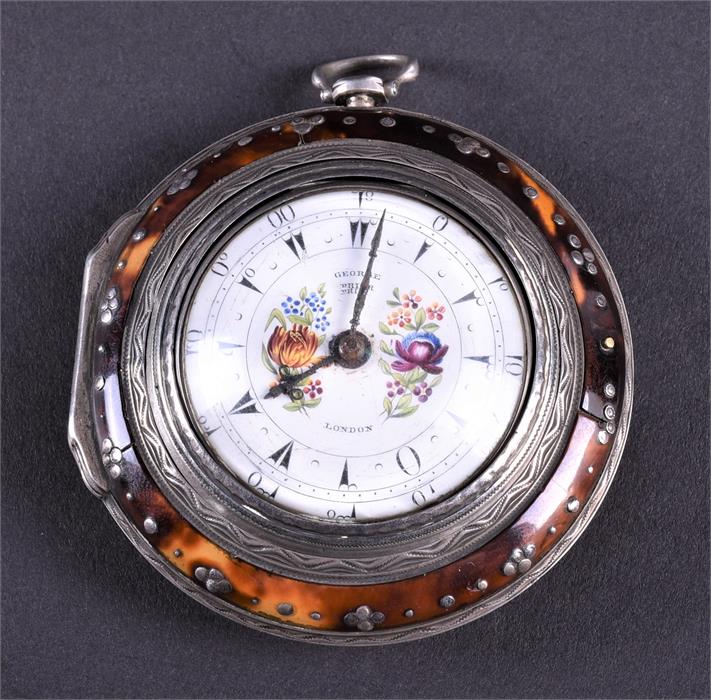 An 18th century silver and tortoiseshell triple-cased pocket watch by George Prior the white