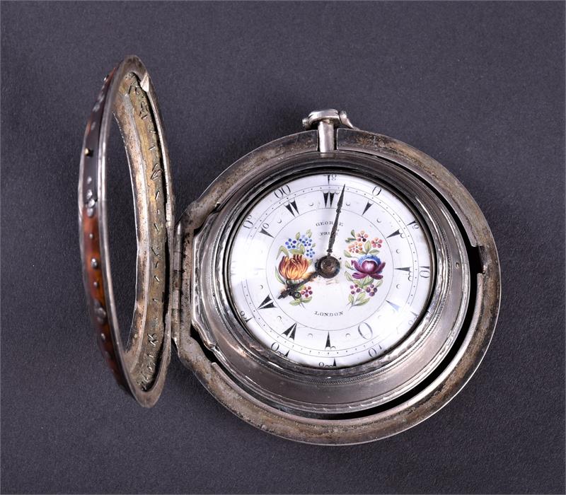 An 18th century silver and tortoiseshell triple-cased pocket watch by George Prior the white - Image 3 of 8