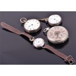 A ladies silver cased fob watch with engraved decoration converted to a wristwatch with brown