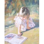 Paul S Gribble (b. 1938) British Holly Reading, a young girl leans over a picture book in a summer