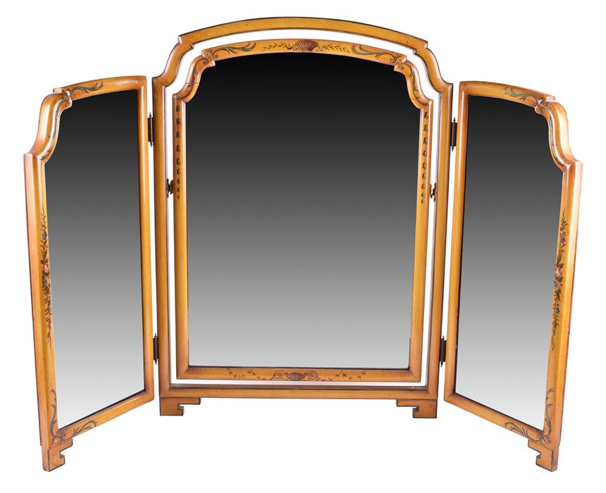 A Sheraton style painted dressing mirror triple folding, decorated with harebells.