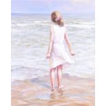 Paul S Gribble (b. 1938) British  a young blonde stands at the shore looking out to the ocean, oil