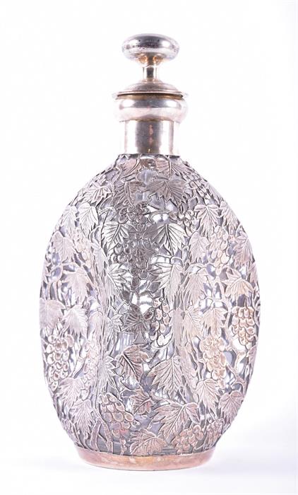 A sterling silver jacketed glass decanter  of triangular form, the pierced silver in the form of - Image 4 of 10