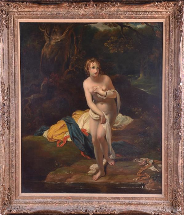 A 19th century nude female  standing in a wooded glade in the Venus Pudica pose, her clothes in a - Image 2 of 8