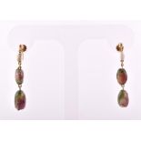 A pair of 9ct yellow gold, tourmaline and pearl drop earrings each suspended with two polished green