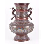 A large Chinese cloisonne enamelled bronze twin-handled vase decorated in brightly coloured