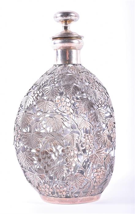 A sterling silver jacketed glass decanter  of triangular form, the pierced silver in the form of - Image 5 of 10