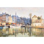 Late 20th century French school, a scene of the Quayside Honfleur, Normandy with boats in a harbour,