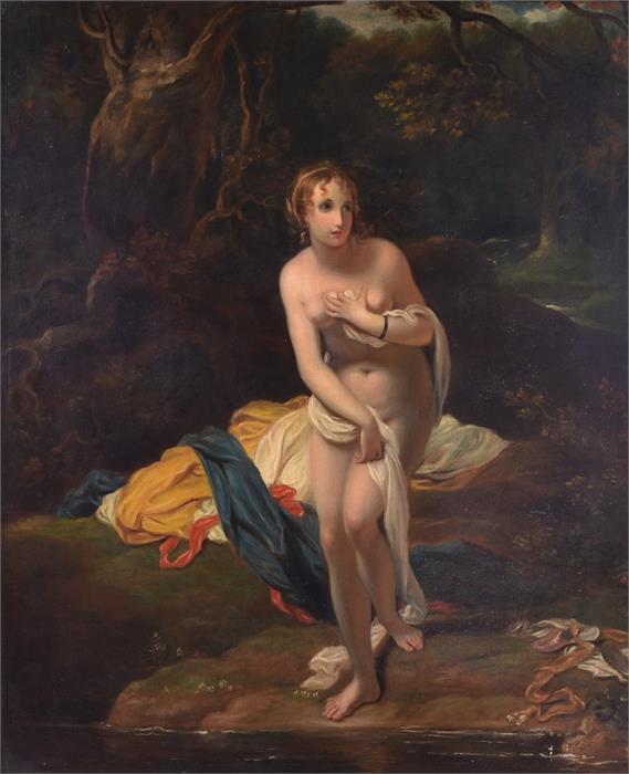 A 19th century nude female  standing in a wooded glade in the Venus Pudica pose, her clothes in a