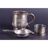 Three silver items to include a silver christening mug with bright-cut initals engraved and