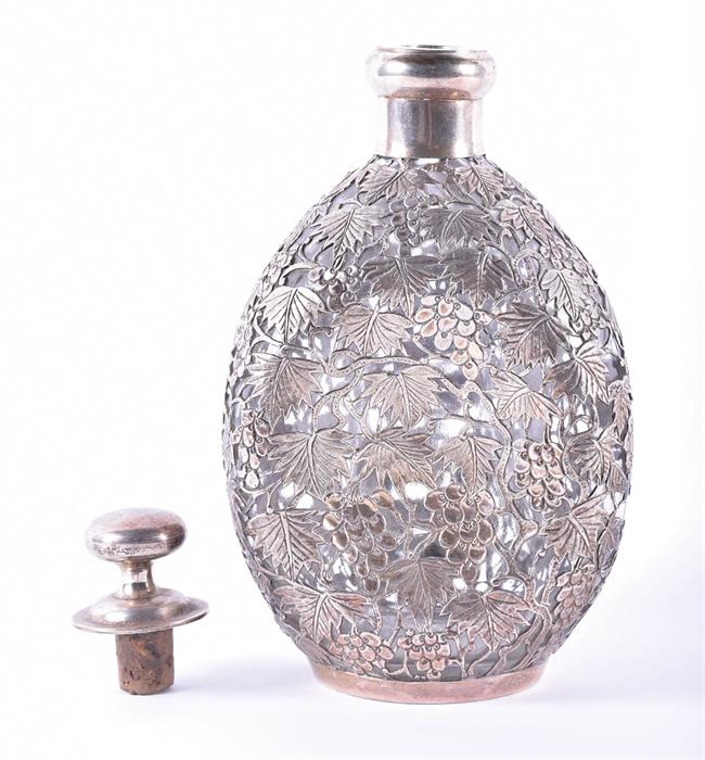 A sterling silver jacketed glass decanter  of triangular form, the pierced silver in the form of - Image 7 of 10