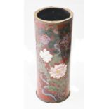 A 19th century Chinese cloisonne enamelled cylindrical umbrella stand the deep red ground heavily