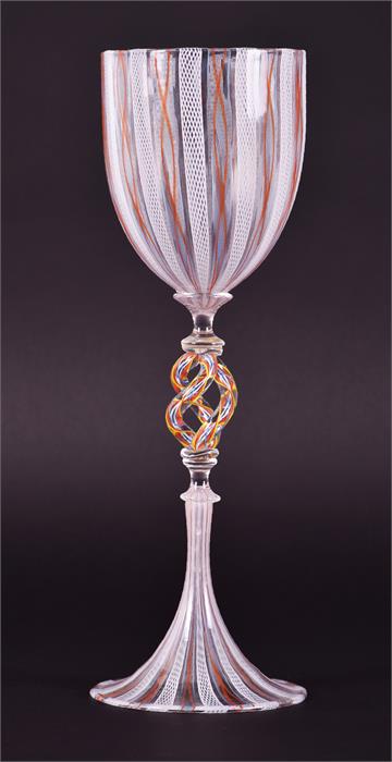 A Murano Latticino lampwork goblet the clear body and base with latticed red and white decoration, - Image 2 of 8