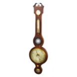 A 19th century oak five glass banjo barometer by J. Tanner, with silvered dials, swan neck pediment,