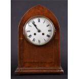 An Edwardian mahogany cased lancet mantel clock  the case with satinwood inlay, accommodating a