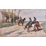 After Giovanni Fattori (1825-1908) Italian Three Cavalrymen on Horseback, soldiers pause on a