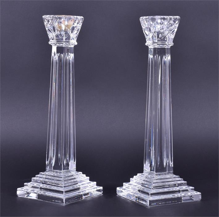 A pair of Waterford Crystal candlesticks with squared tapered stems and stepped bases, marked to - Image 2 of 4