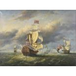 A large seascape depicting battling galleons oil on canvas, signed M Vernon to lower left, in an