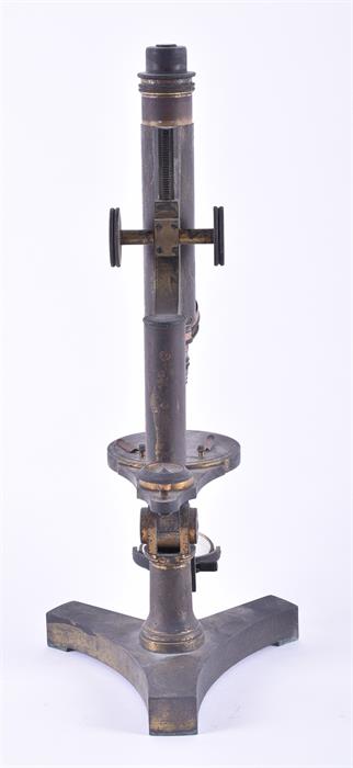 A 19th century scientific microscope  stamped R & J Beck to tricorn shaped weighted base, 34 cm - Image 11 of 12