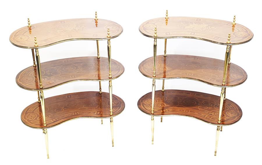 A pair of early 20th century French kidney-shaped three-tier étagère the top inlaid with a musical