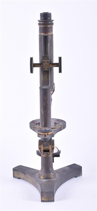A 19th century scientific microscope  stamped R & J Beck to tricorn shaped weighted base, 34 cm - Image 12 of 12
