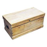 A pale pine blanket box of simple rectangular form, with fixed metal handles. 97 cm long, 49 cm