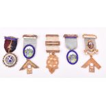 A collection of five Masonic medals one in 9ct gold "St Albans Duodetrigesimus", the remainder in