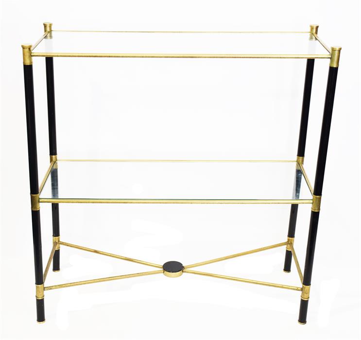 A black lacquered metal and brass framed two-tier display shelving stand  with inset clear glass