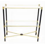 A black lacquered metal and brass framed two-tier display shelving stand  with inset clear glass
