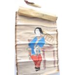 A 19th century Chinese painted scroll depicting a woman in finely decorated robes washing her