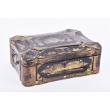 A large Victorian chinoiserie lacquered sarcophagus shaped work box the hinged shaped lid