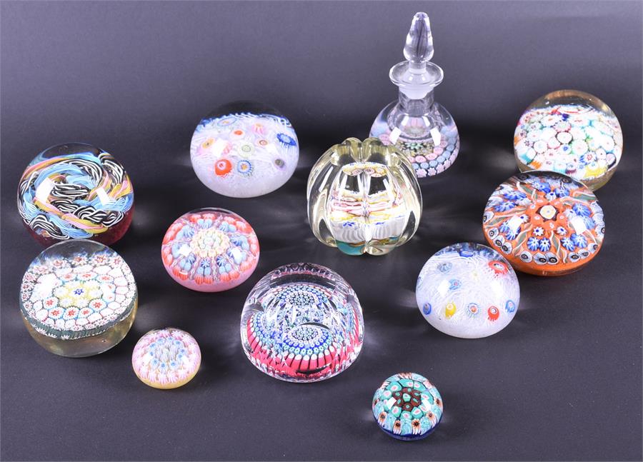 A collection of twelve assorted glass paperweights brightly coloured and of varying shapes and - Image 2 of 6