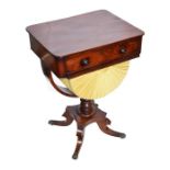 A small Regency mahogany work box the rounded rectangular top below a single frieze draw with twin