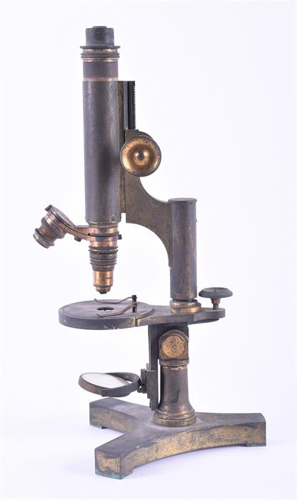 A 19th century scientific microscope  stamped R & J Beck to tricorn shaped weighted base, 34 cm